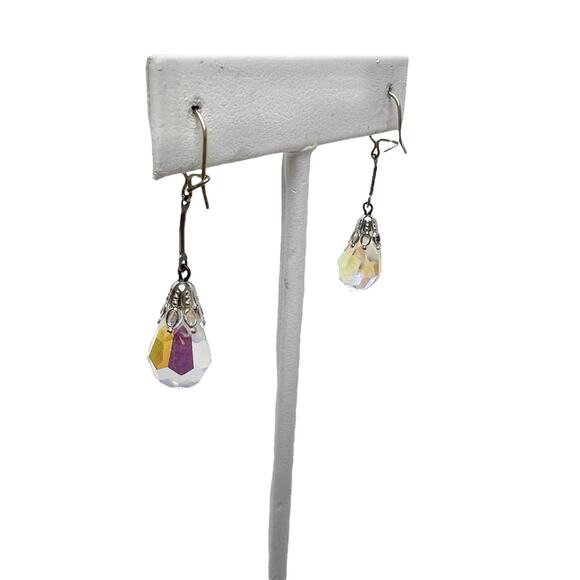Iridescent Dangle Earrings Faceted Glass Pierced Drop Silver Tone Wire Hook - Picture 9 of 10